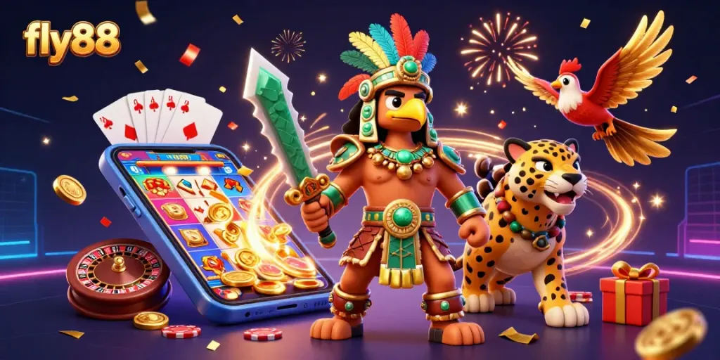Experience thrilling gaming with fly88's lively Aztec warriors and slot excitement bursting with colors.