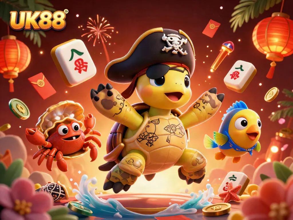 Engage with thrilling UK88 slots during a vibrant casino adventure with a pirate turtle and friends.