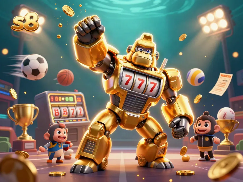 S8's golden gorilla mech punches upwards, releasing coins amidst dynamic sports elements.