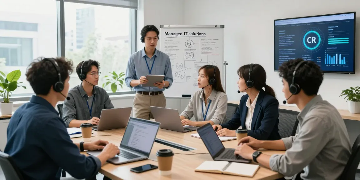 IT support team discussing MSP Markham solutions in a modern office.