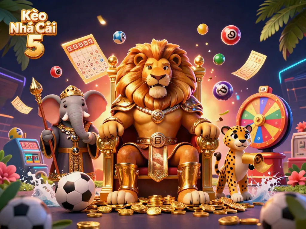 Engage in dynamic sports betting with Kèo Nhà Cái 5, featuring a lion king and vibrant betting elements.