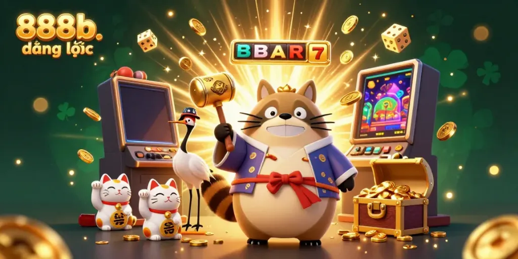 Engage with the vibrant scene of 888b. đăng nhập featuring a cheerful tanuki and a dynamic casino atmosphere.