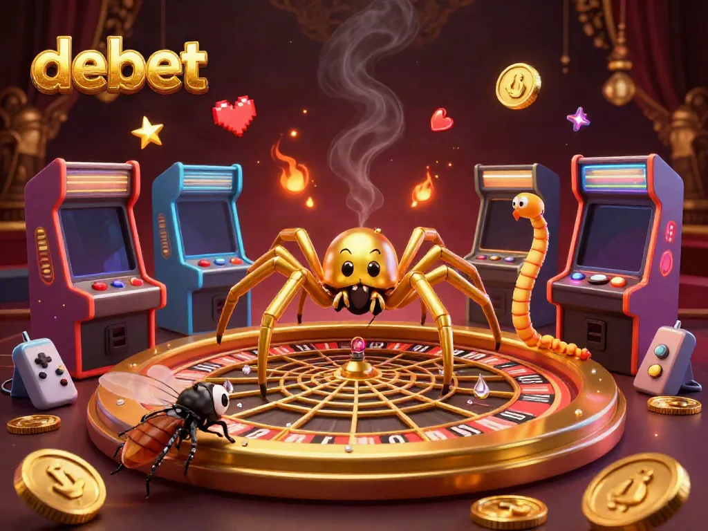 Experience thrilling bets with Debet in this vibrant 3D casino illustration featuring a golden spider and colorful arcade elements.