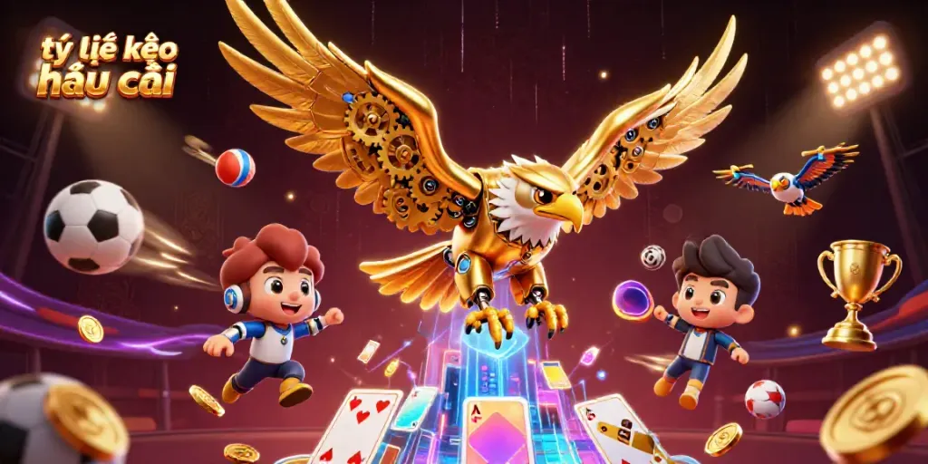 Experience the thrill of tỷ lệ kèo nhà cái with dynamic sports betting elements and a stunning golden eagle.