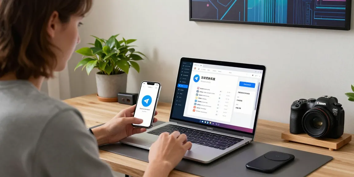 Setting up Telegram中文 in a modern workspace with language packs and tech gadgets.