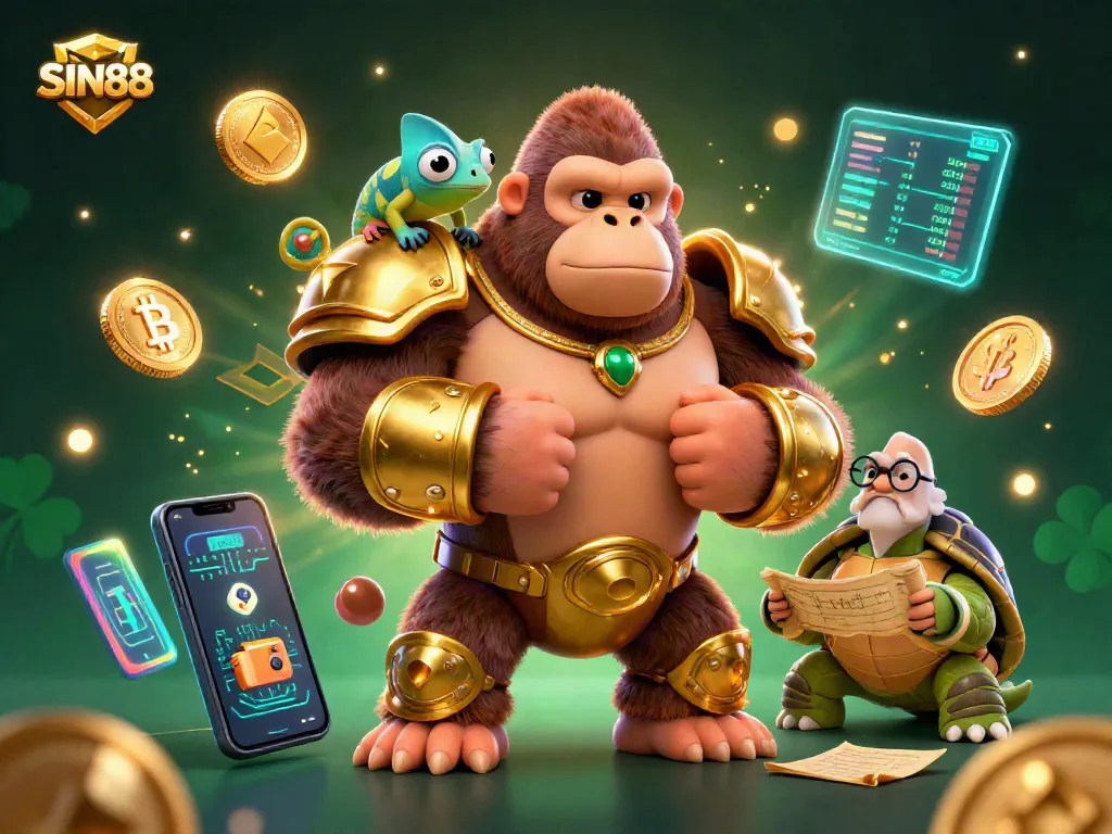 SIN88 captivates players with a dynamic 3D casino scene featuring a powerful gorilla king among vibrant game elements.