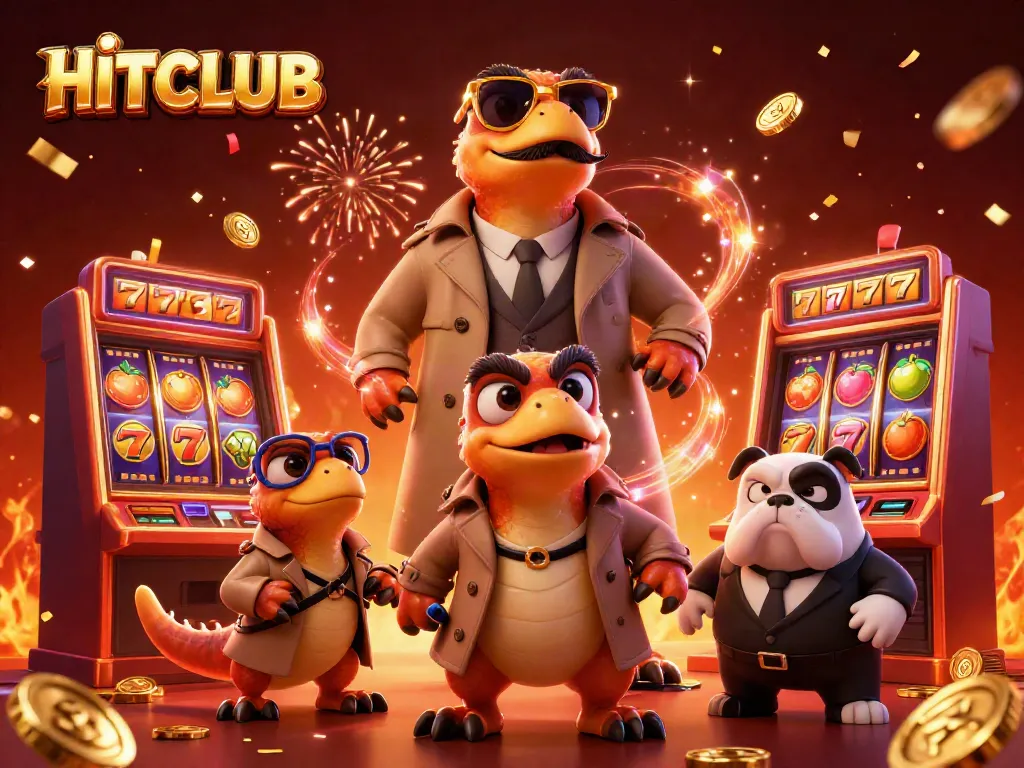 HITCLUB highlights excitement with three raptors in a trench coat entering a casino, surrounded by slot elements.