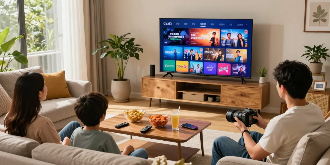 Vision d'une famille profitant du meilleur IPTV Canada dans leur salon moderne, regardant des chaînes internationales.