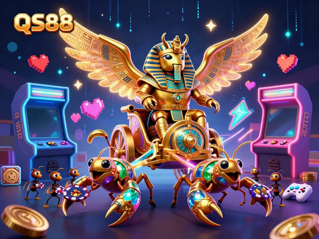 Engage in thrilling gameplay with QS88's iconic scarab beetle and poker action amidst vibrant casino elements.