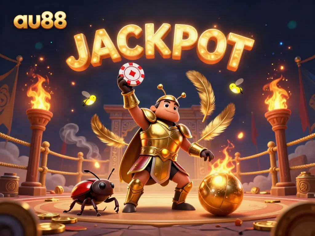 Bet big with au88, a victorious beetle character celebrating a jackpot with vibrant golden elements.