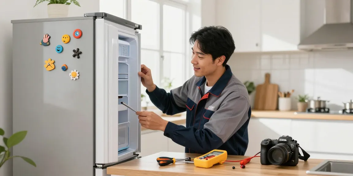 Appliance Repair in North York, technician fixing a refrigerator in a sunny kitchen.