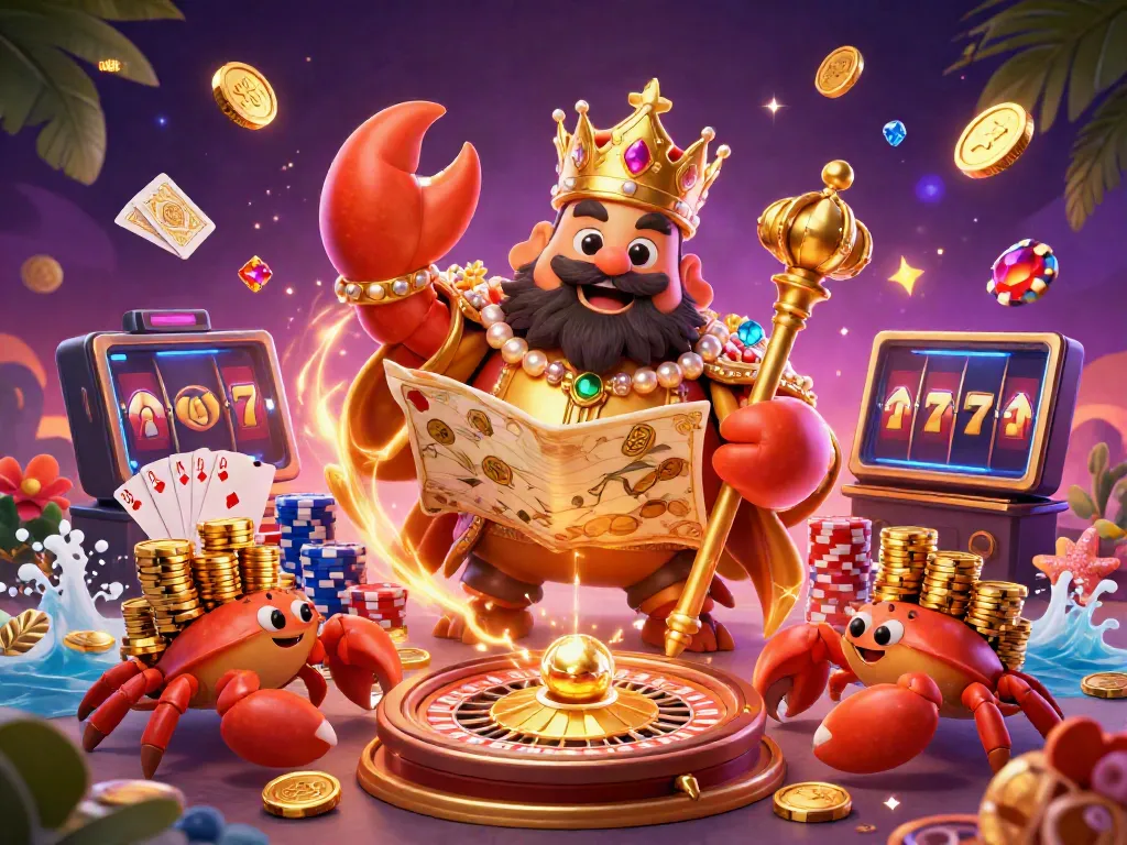 Experience excitement at du88az with a golden crab emperor and vibrant casino elements in a colorful 3D illustration.