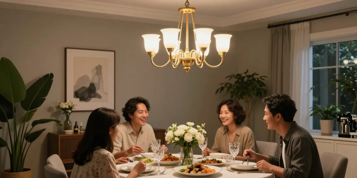 Candelabru living elegant în dining room cu familie la masă