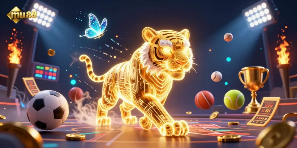 Experience thrilling sports betting with mu88 in a vibrant digital casino scene filled with action.