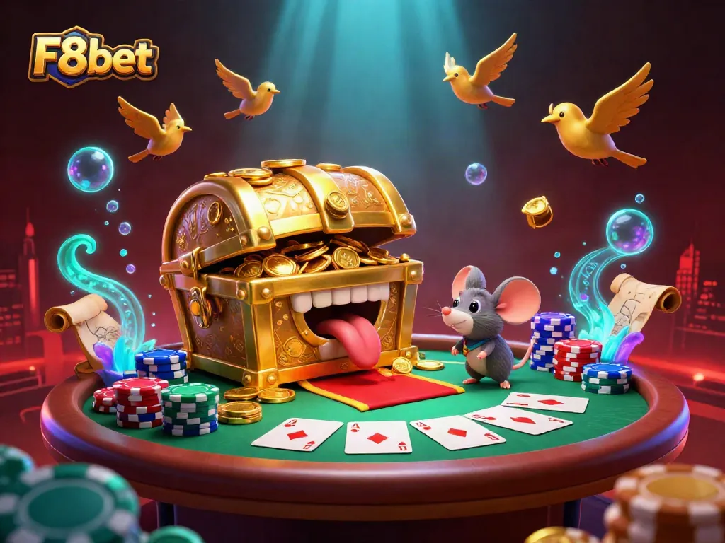 Experience thrilling gaming action with F8bet's captivating 3D treasure themed illustration.