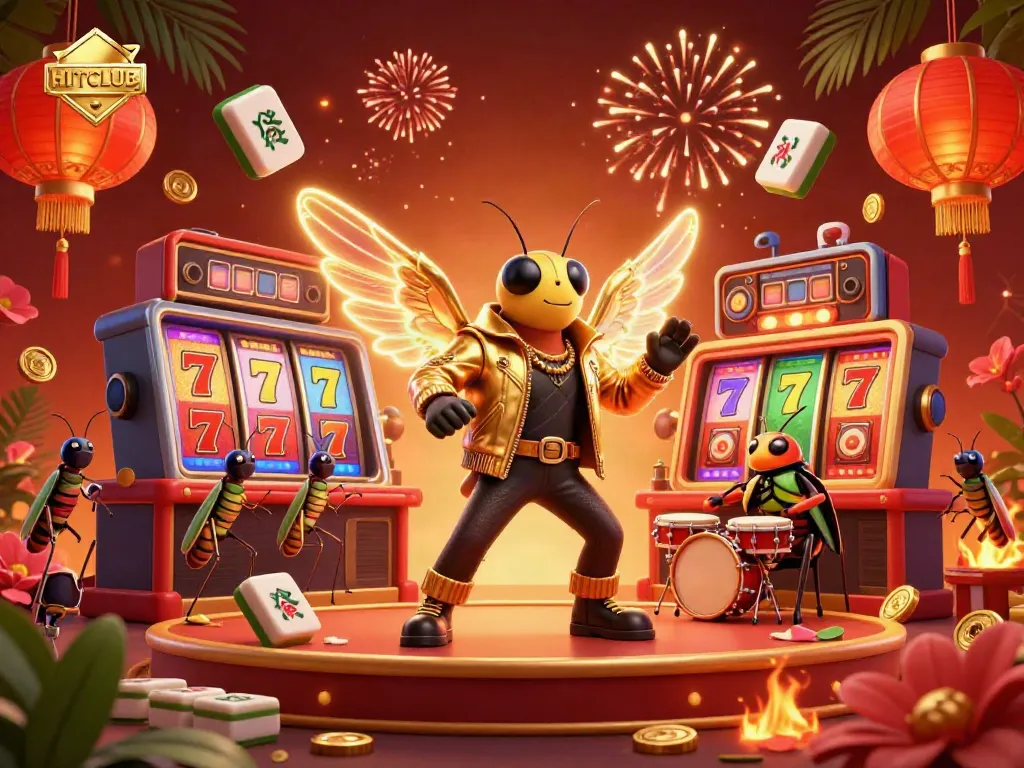 Experience the vibrant thrill of HITCLUB with a cartoon cicada rock star performing in a lively casino scene.