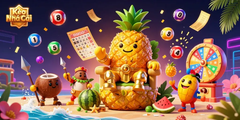 Kèo Nhà Cái themed dynamic scene with a golden pineapple king surrounded by vibrant casino elements.