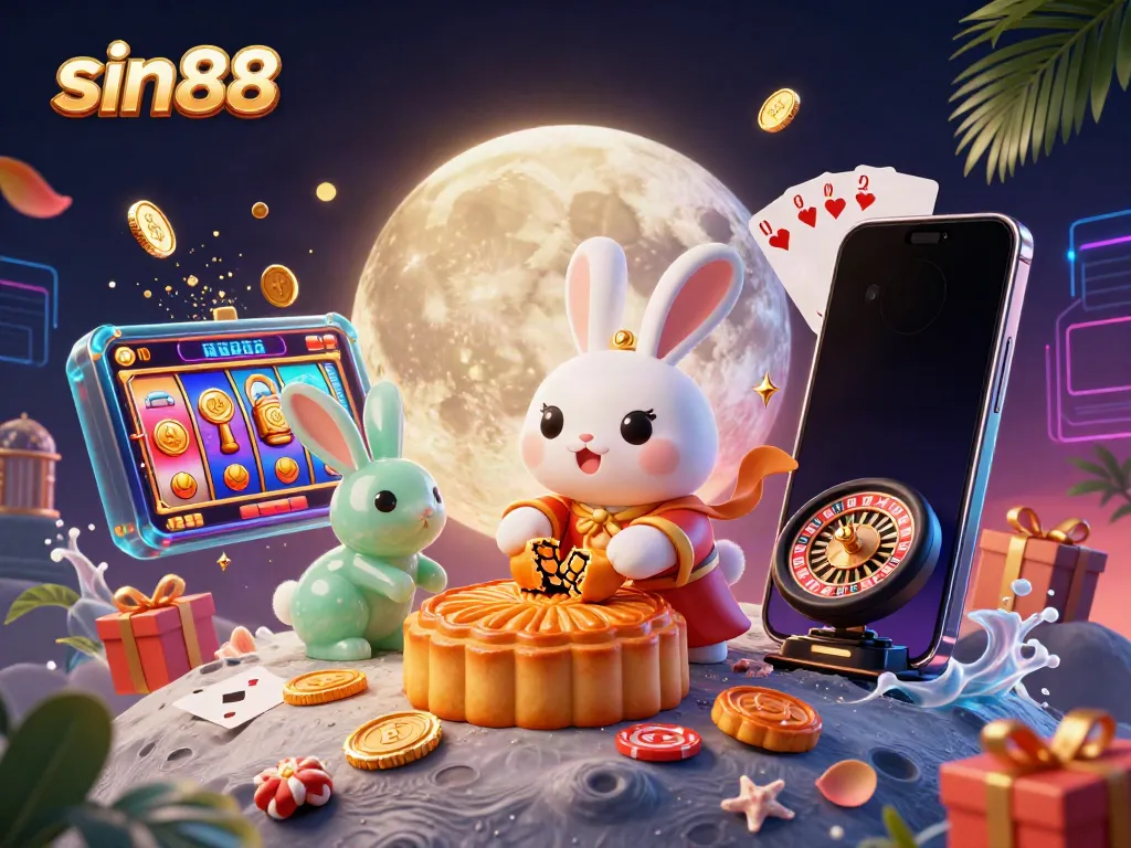 Experience sin88's vibrant casino atmosphere with playful moon rabbits and exciting game elements.