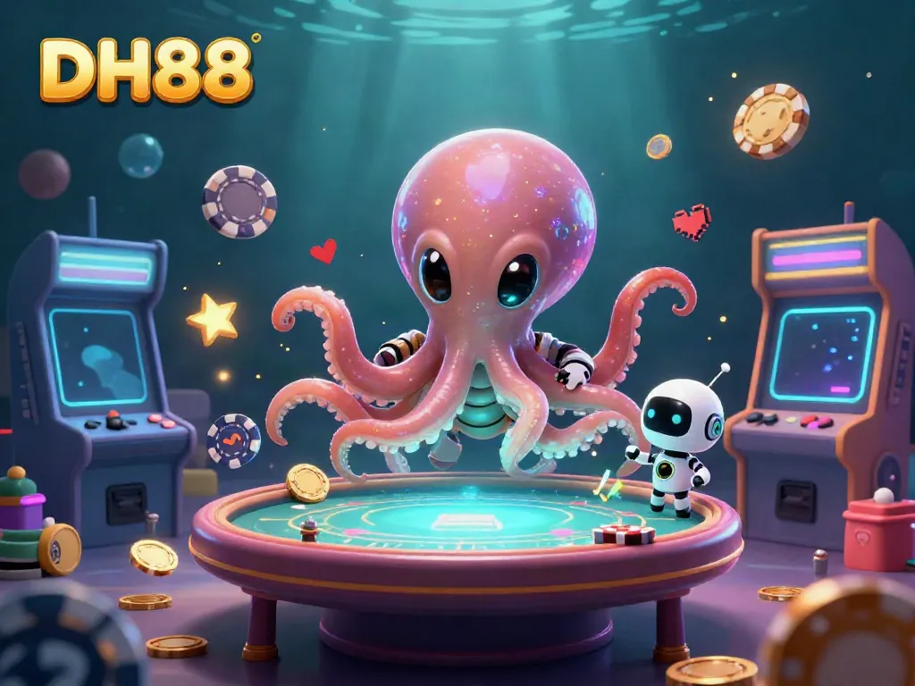 Experience the thrill of DH88 as an alien octopus deals cards at a holographic poker table, surrounded by dynamic gaming elements.