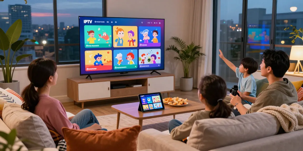 Family enjoying IPTV Canada service in cozy living room with large TV.