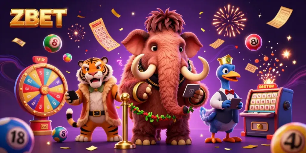 ZBET invites players to win with thrilling lottery balls and vibrant casino characters.