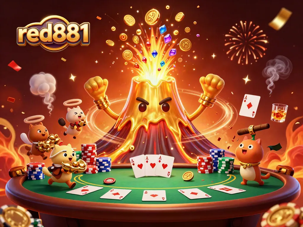 Experience the thrilling scene of red881 casino with a triumphant volcano erupting treasures.