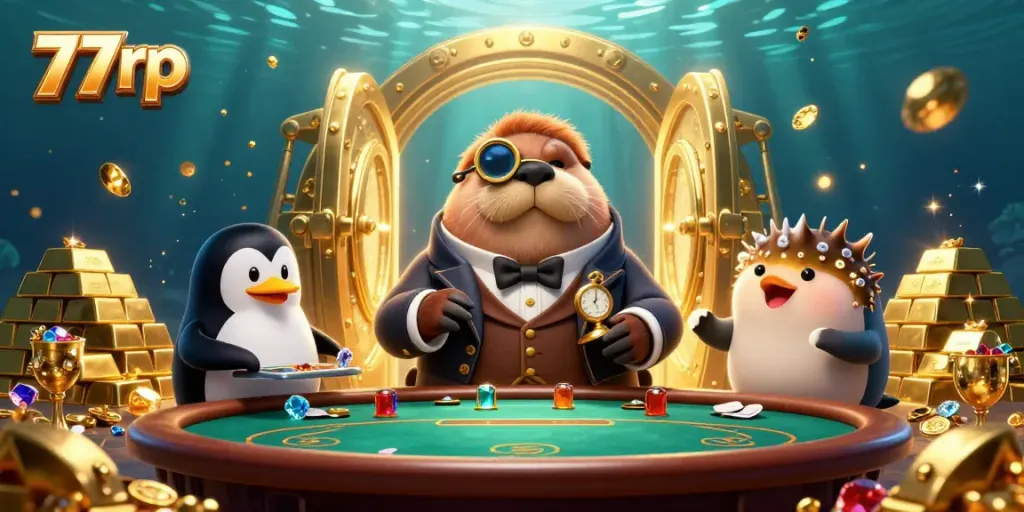 Experience the thrill of 77rp as a jolly walrus plays poker underwater, surrounded by treasures and sparkling gems.