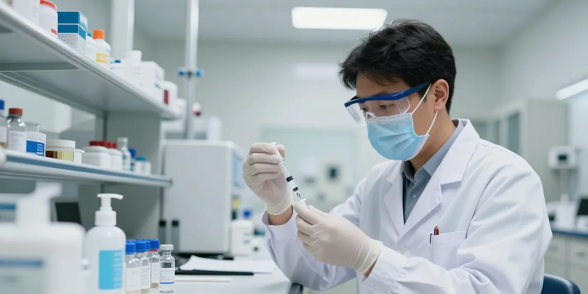 Syringe 3ml preparation in a healthcare lab with medical supplies.