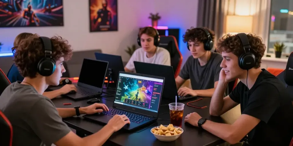 Friends enjoying gaming on DU88 platform in a lively living room.