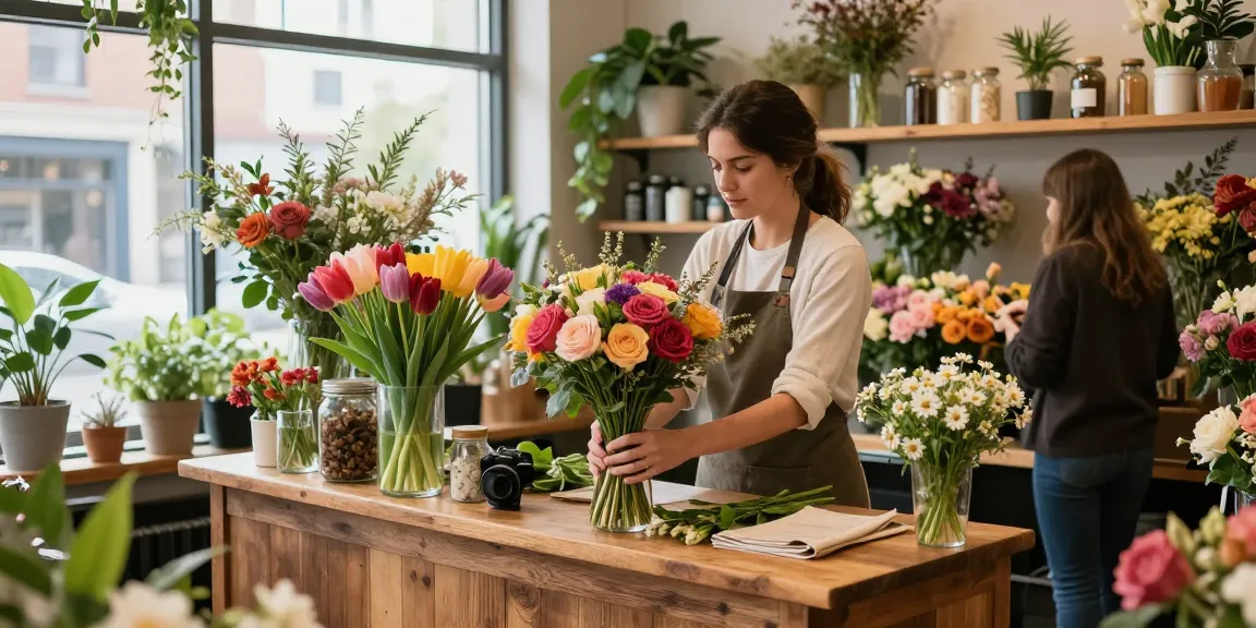 Edmonton florist creating vibrant bouquets in a charming flower shop with fresh blooms.