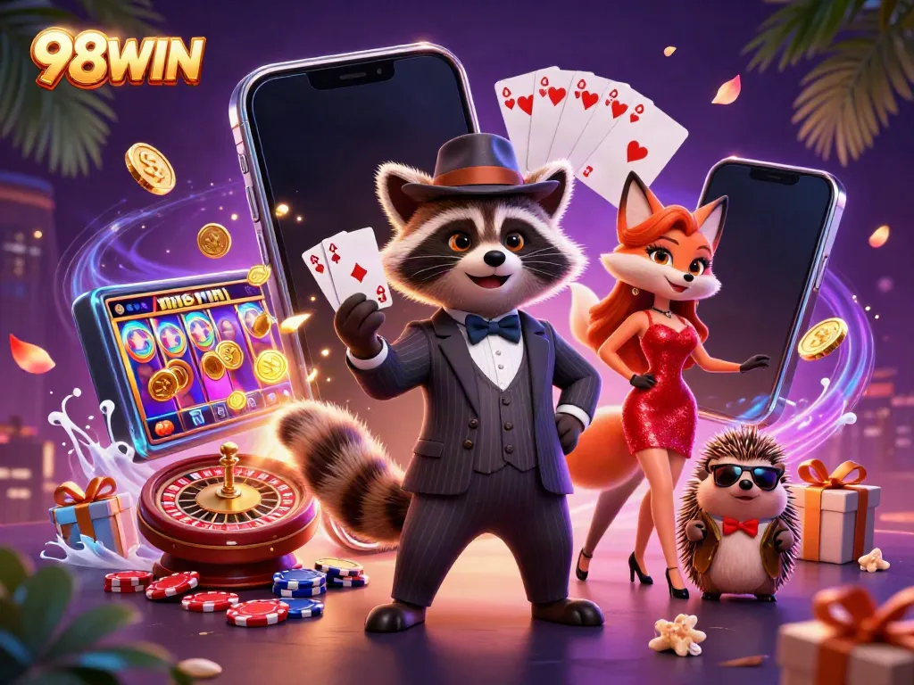 Experience thrilling gameplay at 98WIN with dynamic casino characters and vibrant game elements.