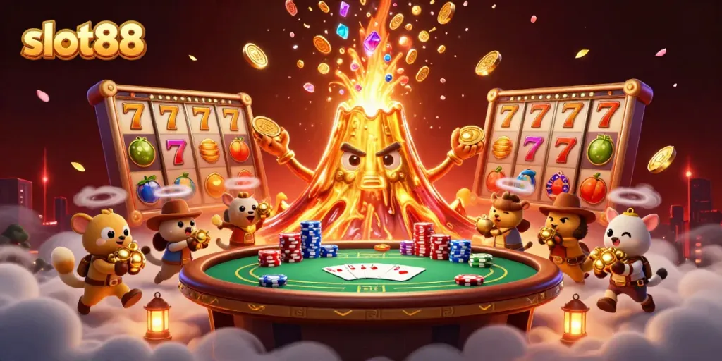 Experience the thrill of slot88 with winning symbols and treasure falling from a golden volcano.