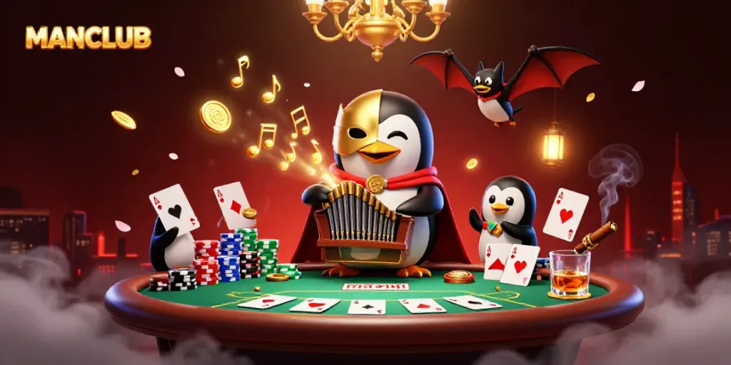 Engage with MANCLUB through a vibrant scene of fantasy characters amidst poker action.