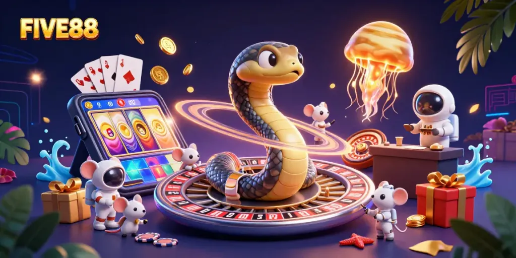FIVE88 engages players with a dynamic cosmic casino scene featuring unique roulette elements.