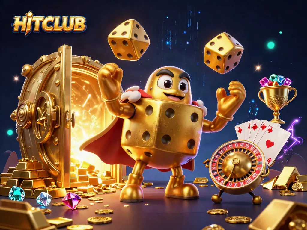 Win big at HITCLUB with our engaging casino-themed 3D illustration featuring golden dice and treasures.