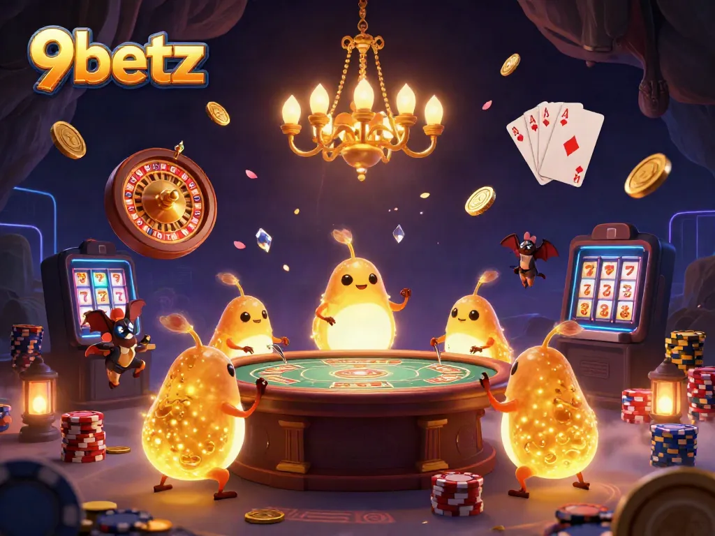 Experience thrilling gaming at 9betz with a vibrant illustration of glowworms lighting a cave casino.