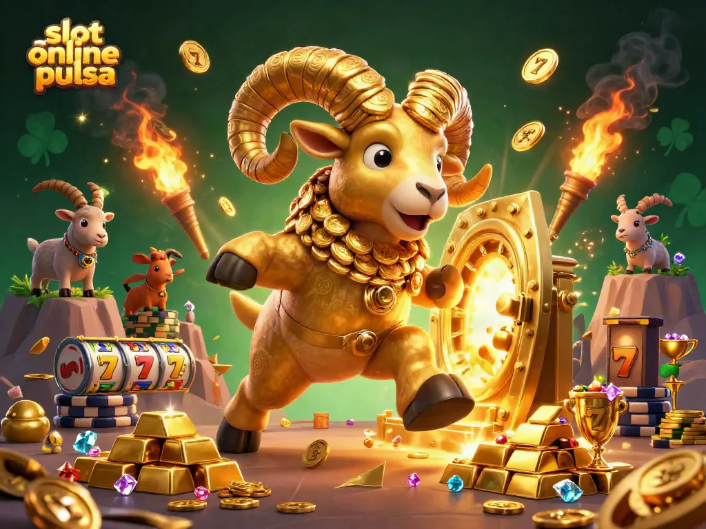 Experience thrilling slot online pulsa excitement with a golden ram charging through a treasure-filled scene.