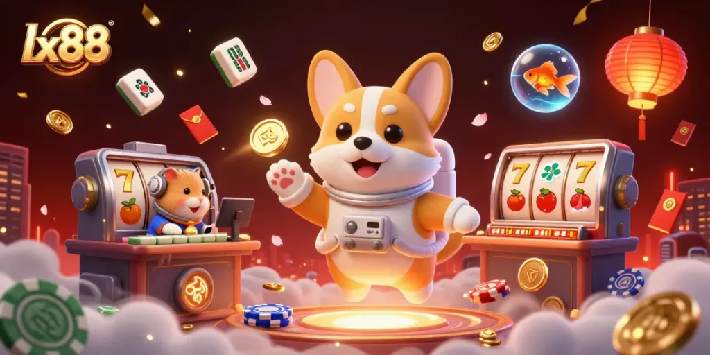 Experience thrilling gameplay at lx88 with vibrant visuals of casinos, jackpot reels, and colorful elements.