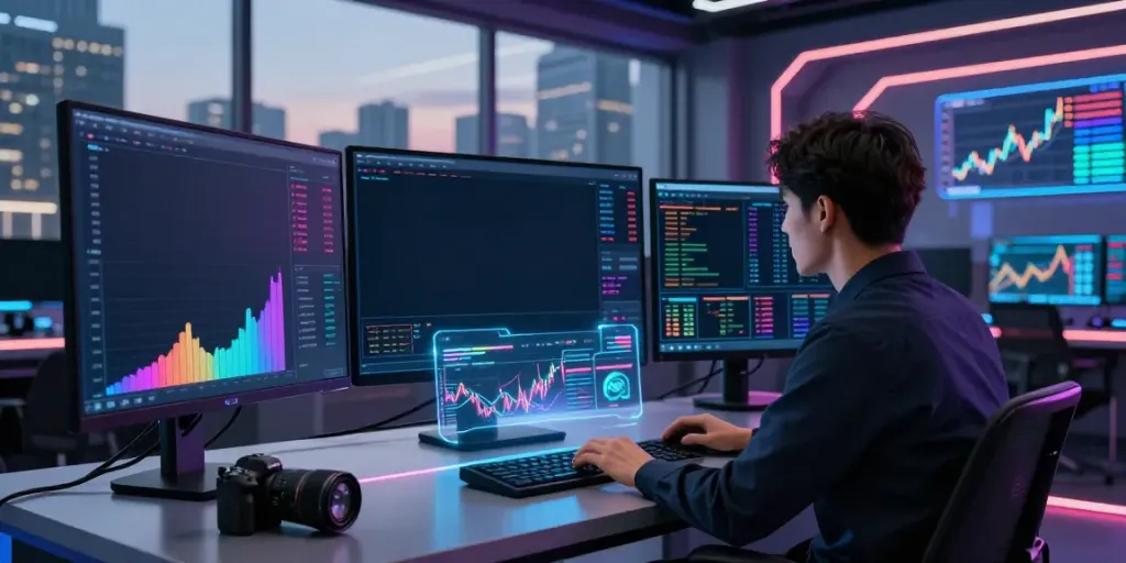 Person engaging with quantum AI trading platform analytics in a high-tech environment.