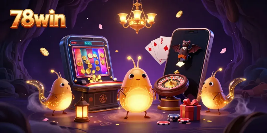 Bet on big wins with 78win in a vibrant cave casino, illuminated by glowing glowworms.