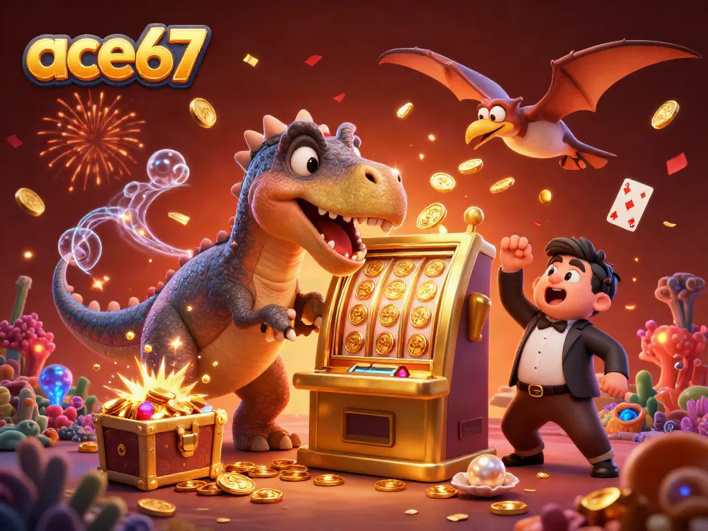 A 3D illustration showing ace67 with a dinosaur celebrating a jackpot, depicting vibrant casino elements.
