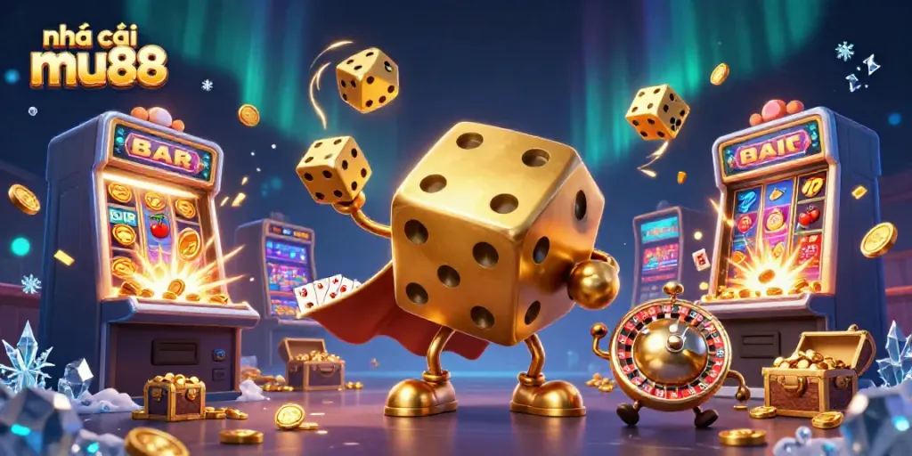 Experience vibrant casino action with nhà cái mu88 in an exciting 3D illustration featuring dynamic characters and casino elements.