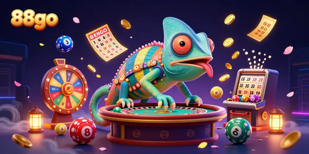 Experience exciting gaming with 88go as the vibrant chameleon casino owner oversees a thrilling game atmosphere.