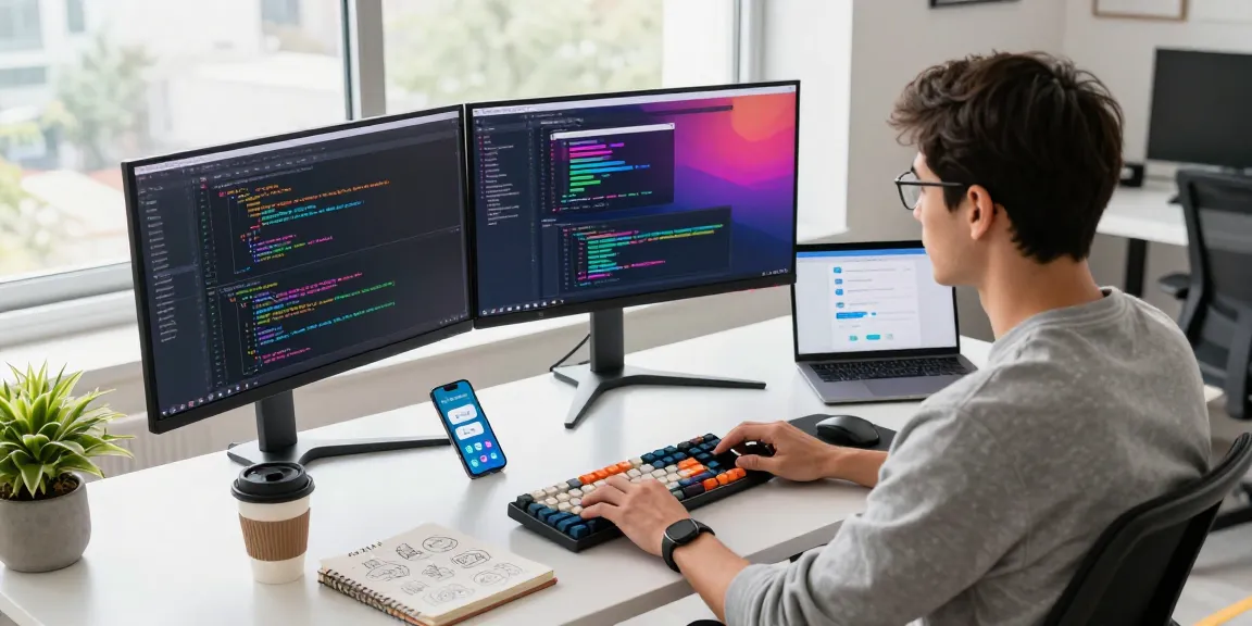 Telegram下载 in a modern tech workspace with a developer coding on multiple monitors.