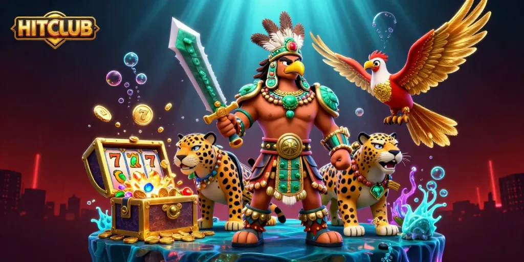 Engage with HITCLUB's vibrant casino experience as Aztec warriors unveil jackpots amid glowing treasures.