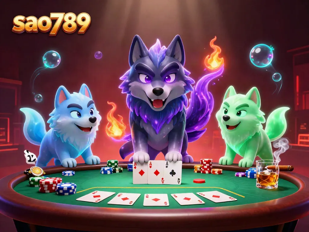 Sao789 players enjoy an immersive poker scene with a mystical wolf pack.