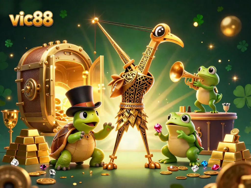 Experience the excitement at vic88, featuring a lively scene with casino symbols and joyful cartoon characters.