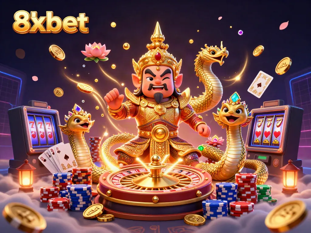 Engage in thrilling games with 8xbet's vibrant gambling scene showcasing a guardian and casino elements.