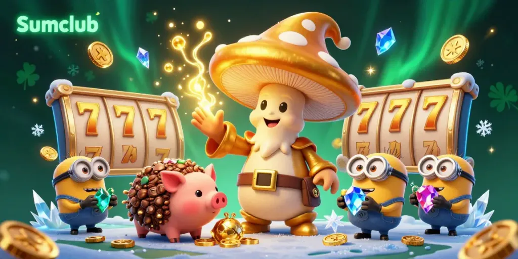 Experience the magic of Sumclub with golden treasures and vibrant gaming elements in this dynamic 3D scene.