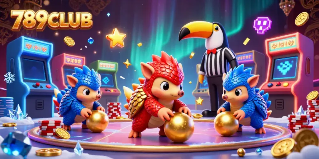 Experience the excitement of 789CLUB as cartoon pangolins bowl through poker chips in this vibrant casino scene.